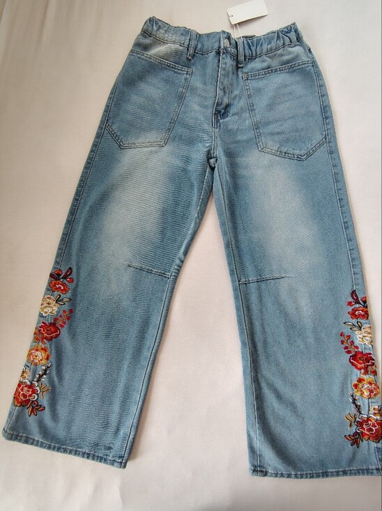​HME Denim - ​HME Embroidered Floral Wide Leg Jeans Light Wash Cotton Size L Boho
